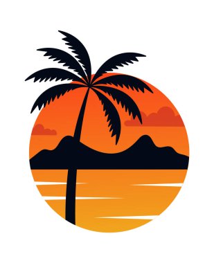 Palm on Beach Gündoğumu Rozet Vektörü İllüstrasyonu