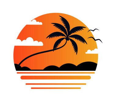 Palm on Beach Gündoğumu Rozet Vektörü İllüstrasyonu