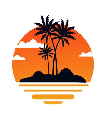 Palms on Beach Sunrise Round Rozet Vektörü İllüstrasyonu