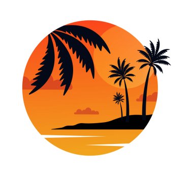 Palms on Beach Sunrise Round Rozet Vektörü İllüstrasyonu