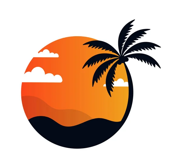 棕榈泳滩日出圆形徽章矢量图解 — 图库矢量图片