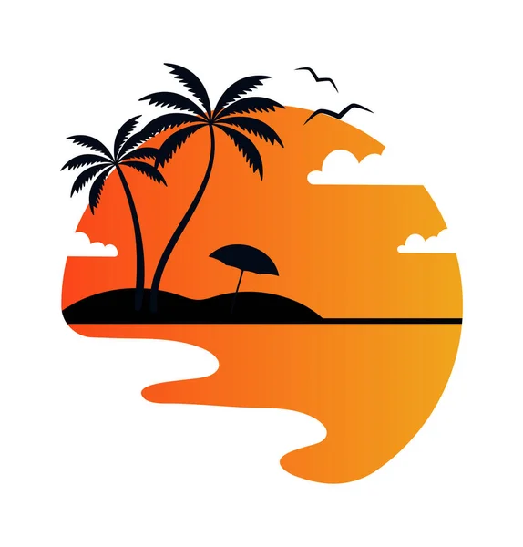 Palmeras Playa Sunrise Badge Vector Illustration — Vector de stock