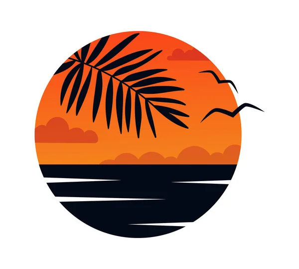 Tropical Leaf Sea Gulls Στρογγυλό Σήμα Διάνυσμα Εικονογράφηση — Διανυσματικό Αρχείο