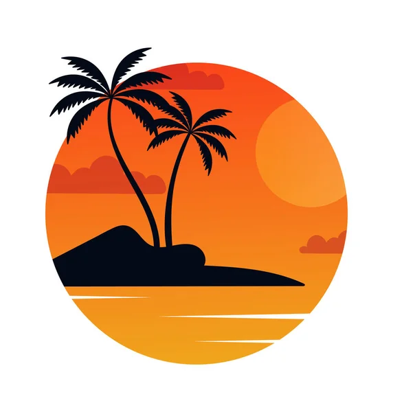 棕榈在海滩日出圆形徽章病媒图解 — 图库矢量图片