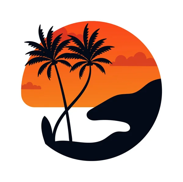 Palmeras Playa Sunrise Badge Vector Illustration — Archivo Imágenes Vectoriales