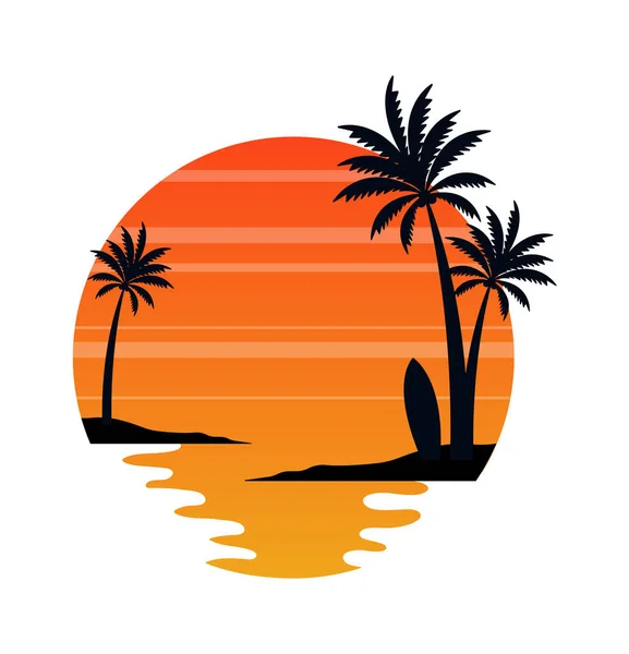 Palmas Praia Sunrise Badge Vector Ilustração — Vetor de Stock