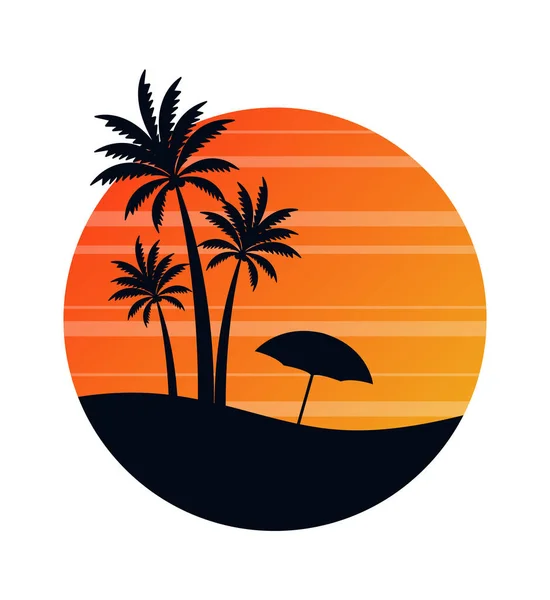 Пальми Пляжі Схід Сонця Круглий Знак Векторні Ілюстрації — стоковий вектор