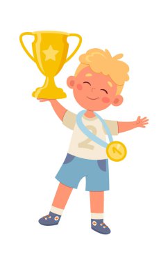 Kupalı ve Madalya Vektörü İllüstrasyonlu Çocuk