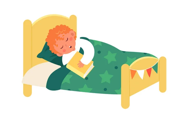 Fiú Alszik Ágyban Könyv Vektor Illusztráció — Stock Vector