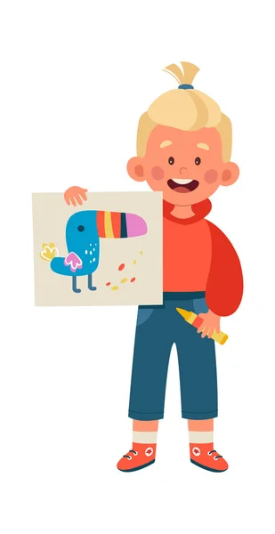 Enfant Garçon Montrant Son Dessin Illustration Vectorielle — Image vectorielle