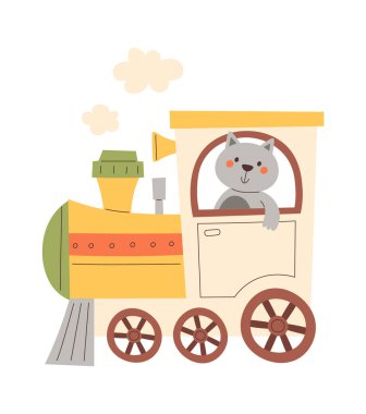Cat Driving The Train Vector Illustration