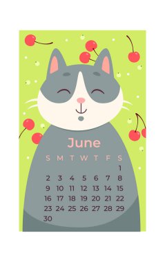 June Cat Takvim Vektörü İllüstrasyonu