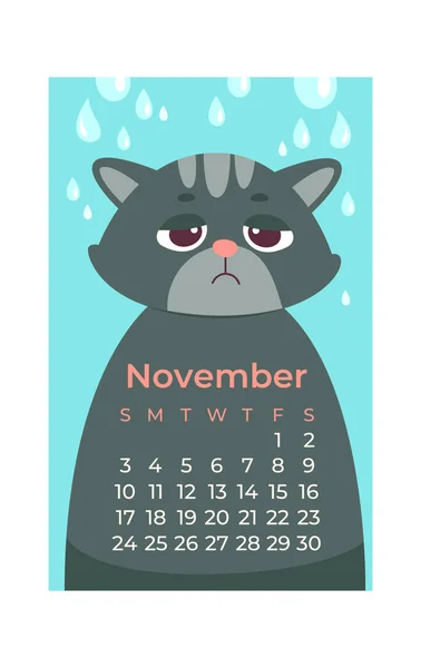 November Katze Kalender Vektor Illustration — Stockvektor