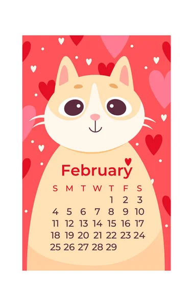 Febbraio Cat Calendar Illustrazione Vettoriale — Vettoriale Stock