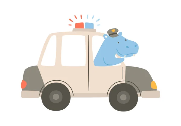 Hipopótamo Conducción Coche Policía Vector Ilustración — Vector de stock