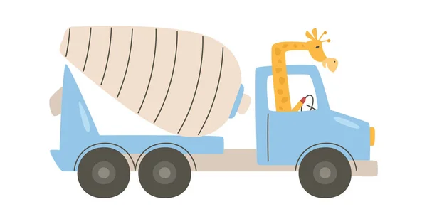 Giraffe Fährt Betonmischer Lkw Vektor Illustration — Stockvektor