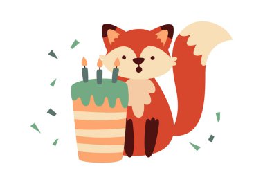 Fox with Birthday Pasta Vektörü İllüstrasyonu