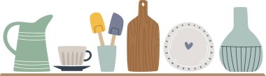 Mutfak Utensilleri Vektör İllüstrasyonuyla Rafa Kaldır
