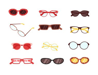 Çeşitli modern moda güneş gözlükleri, beyaz arka planda izole edilmiş farklı amaçlar için optik gözlük. Hippi gözlüklerinin vektör çizimi, geçmişe dönük görme aksesuarları, güneş koruyucu gözlükler.