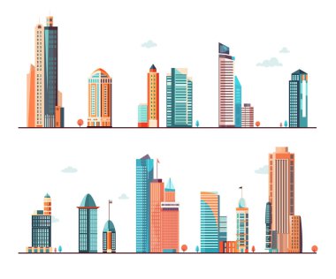 Modern iş merkezi ofis binası, lüks bir apartman dairesi, şehir merkezindeki gökdelen panorama vektör çizimi. Metropolis gayrimenkul ile sokak altyapısı ufuk çizgisi