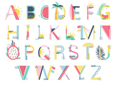 El çizimi yaz sezonu stili yaratıcı yazı tipi İngiliz alfabesi büyük harf İskandinav tarzı vektör çizimi. Sevimli ABC yazı tipi dizaynı ve modaya uygun yaz dekorasyonu tasarımı