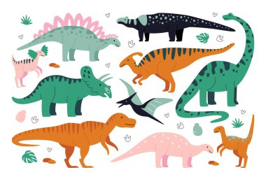 Dinozor yaratığı, tarih öncesi dönemin farklı hayvan türleri beyazlar üzerinde izole edilmiş. Komik çizgi film ejderhası, sevimli sürüngen ve tehlikeli etobur koleksiyon çizimi