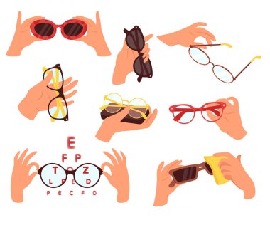 Human hand holding eyewear glasses protecting from sun and for eyesight vision correction isolated set on white background. Vector illustration of optic spectacles and glamour fashion sunglasses clipart