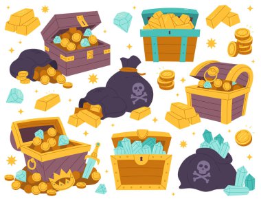 Eski hazine sandığı, altın para dolu çanta ya da çuval, değerli kristal, mücevher fantezi oyunu varlığı ve kumarhane bonus tasarım elemanı beyaz arka planda izole edilmiş vektör çizimi