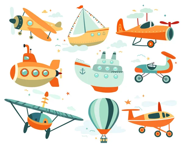Cartoon water, underwater and air transport for travel and transportation isolated vector illustration set on white. Ship cruise liner, airplane, submarine, air-hot balloon, hang glider, yacht boat