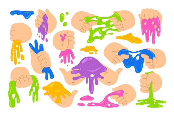 Människans Hand Spelar Håller Färgglada Antistress Slem Leksak Gelé Ämne — Stock vektor