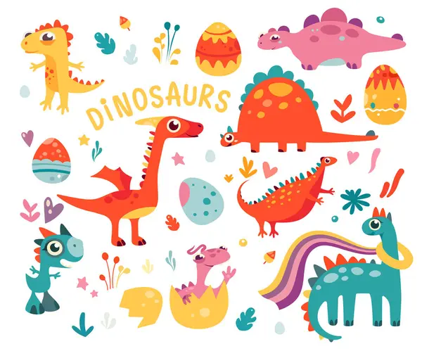 Engraçado Colorido Dinossauro Desenho Animado Personagem Bonito Monstro Cômico Animal —  Vetores de Stock