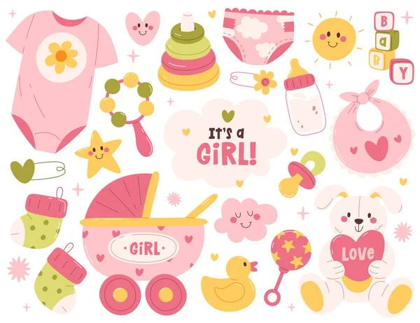 Girl Baby Party Party Celebration Design Element Set Different Childbirth — стоковый вектор