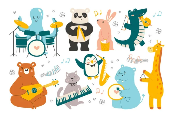 Schattig Dier Muzikant Cartoon Karakter Spelen Muziekinstrumenten Geïsoleerd Witte Achtergrond — Stockvector