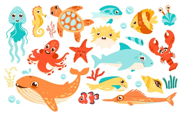 Забавный Набор Морских Животных Симпатичная Иллюстрация Вектора Морских Персонажей Океанская — стоковый вектор