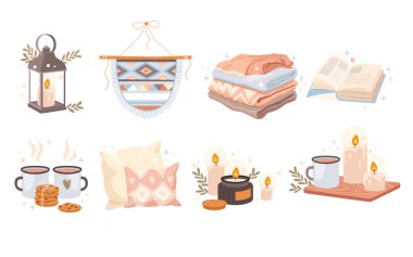 Mum, battaniye, yastık, sıcak içecek, kitap, fener ve beyaz arka planda izole edilmiş makrome duvar süslemesi ile düzenlenmiş Hygge kompozisyonu. Ev iç tasarım vektör illüstrasyonu için samimi tasarım unsurları