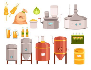 Mayalama ve olgunlaşma için bira tankları mayalama ekipmanları, malt poşeti ve çivi, şişe içeceği, paslanmaz çelik varil ilüstrasyonu. Özel bira fabrikası küçük işletme seti