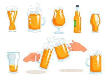 Köpüklü bira teknesi içki bardağı, şişe, kupa ve beyaz arka planda izole edilmiş bar seti. Bira içeceği, bira pint ve cam eşyalar tasarım elemanı illüstrasyonunu tutan insan eli.