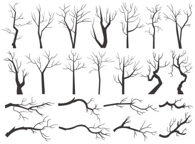 Tree trunk, naked plants with black leafless branch silhouettes isolated set on white. Bareness vegetation for forest woodland, forest, garden or park environment landscaping vector illustration clipart