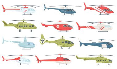 Farklı helikopter karikatür askeri, acil durum, kurtarma, sivil yolcu taşımacılığı, beyaz ayarlandı. Modern uçuş aracı, uçak helikopteri, kargo rotor uçak çizimi
