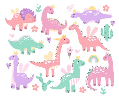 Şirin fantezi dinazor prenses eli renkli, sevimli, yavru, hayvansı, çocuksu karakter seti çizmiş. Güzel kız dino, mutlu Jurasik yaratık, tarih öncesi dönem ejderha kraliçe çizimi