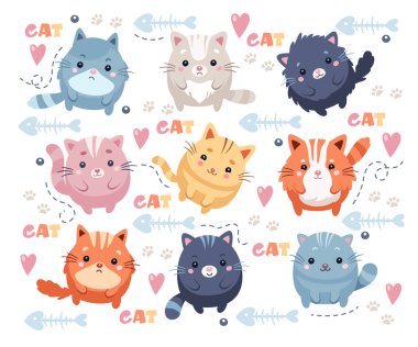 Komik yuvarlak kedi, Kawaii evcil yavru hayvan, sevimli çizgi film şişman kedicik karakterli izole etiket seti. Sevimli mutlu çocuksu kedicik yaratıcı bıyık vektör illüstrasyon koleksiyonu