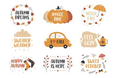 Sonbahar doğa sezonu güzel rozetler, çıkartmalar ve el amblemi çizimleri izole edilmiş set. Sonbahar hava durumu etiketi veya taksi arabası, balkabağı, bitki yaprakları ve böğürtlen vektör ilüstrasyonlu tebrik kartı