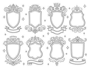 Farklı kraliyet kalkanı rozeti, klasik dekoratif çerçeve, dekoratif lüks filigran dizayn seti. Arma arması monokrom stili illüstrasyon için eski çağ çizgisi amblemi