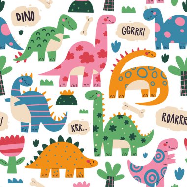 Şirin dinozor, çocuksu ejderha hayvan karakteri, komik dino maskotu, tarih öncesi sürüngen vektör çizimi. İzole edilmiş el çizimi t-rex, triceratops, stegosaurus doodle egzotik canavar deseni