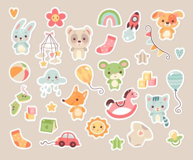 Sevimli çocuk çıkartması, yeni doğmuş bebek duş rozeti, çocuk oyuncağı, kıyafetler ve dekoratif parti aksesuarları. Komik karalama giysileri, çıngırak, yapı taşları, balon, hayvan kuklası çizimi