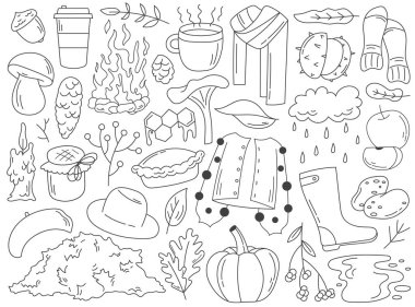 Yapraklı ve hasat kıyafetleriyle sonbahar çizgisel karalama, bayram atıştırmalıkları ve tatlılar, içecekler, hava ve doğa elementleri izole edilmiş. Taslak sonbahar öğeleri koleksiyon vektör illüstrasyonu