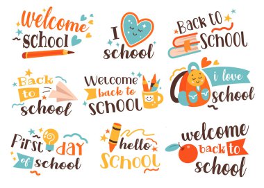 Okul etiket kartında el yazısı ve eğitim aksesuarları izole edilmiş. Hoş geldiniz, hoş geldiniz, hoş çalışma malzemeleri logo etiketi çizimi içeren davetiye cümlesi.