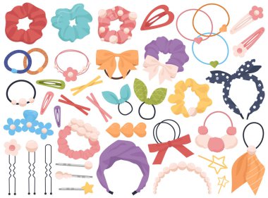 Saç tokaları, aksesuarlar, dekorasyon, saç bandı yay, izole edilmiş kadın güzelliği ve moda seti. Basit, çekici ve çocuksu kuaför kurdelesi, lastik, bant vektör illüstrasyonu