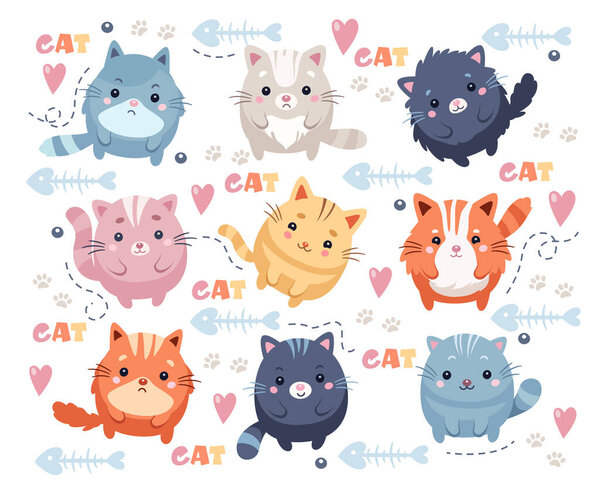Funny round cat, kawaii domestic baby pet animal, cute cartoon fatty kitten character isolated sticker badge set. Adorable happy childish kitty creative whisker mascot vector illustration collection