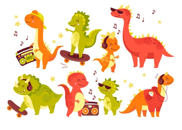 Roztomilý Dinosauři Fantastické Zvíře Kreslený Postava Poslech Hudba Izolované Set — Stockový vektor